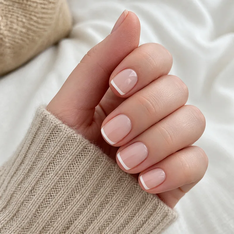 Short French-tip press-on nails with a natural pink base and white tips