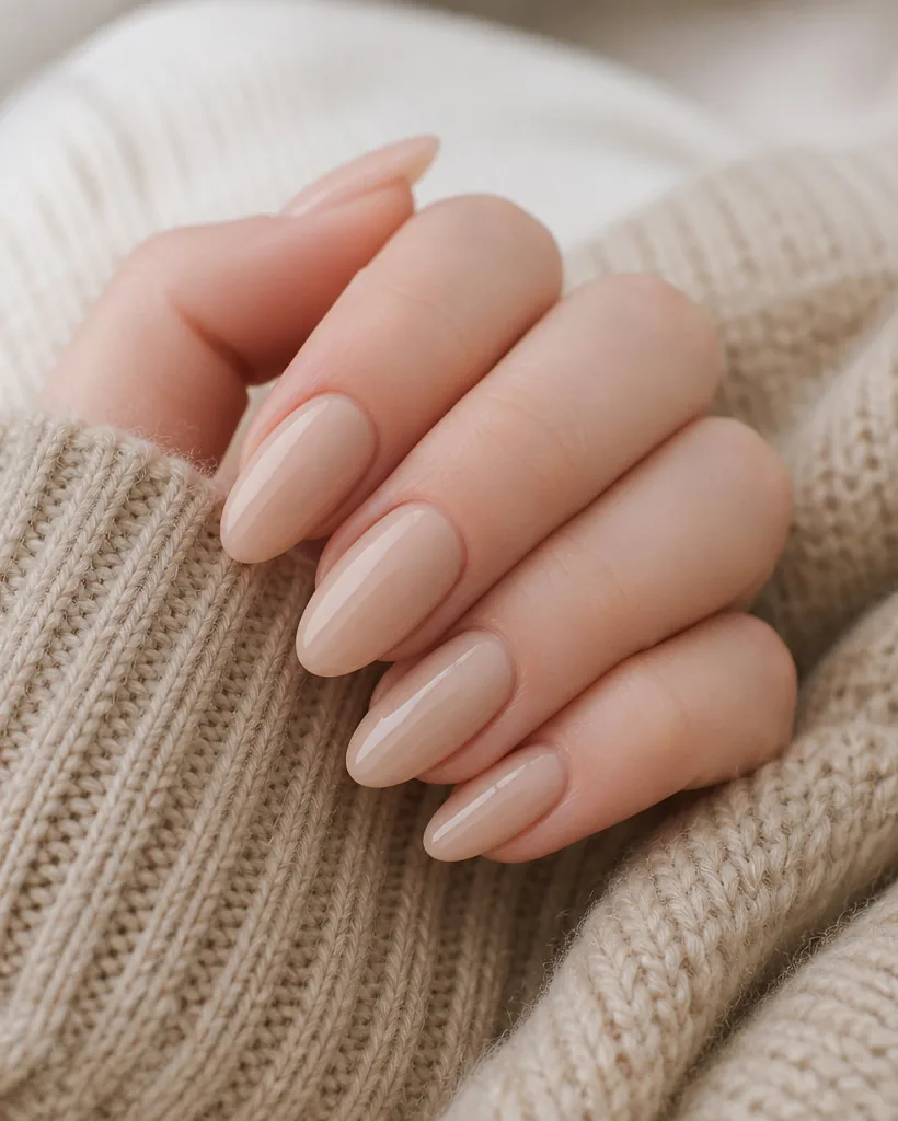 Glossy nude almond-shaped press-on nails against a soft beige knit