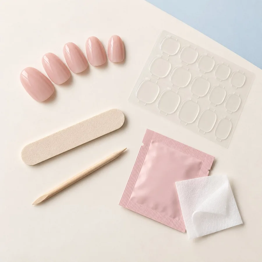 Press-on nails and manicure essentials laid out in a Kittiva kit